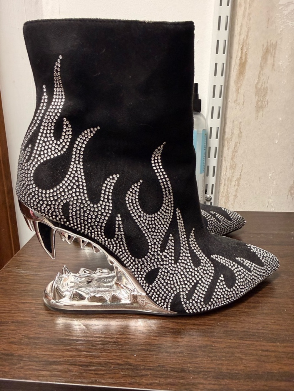 Black Rhinestone Flame-Accent Women's Ankle Boots